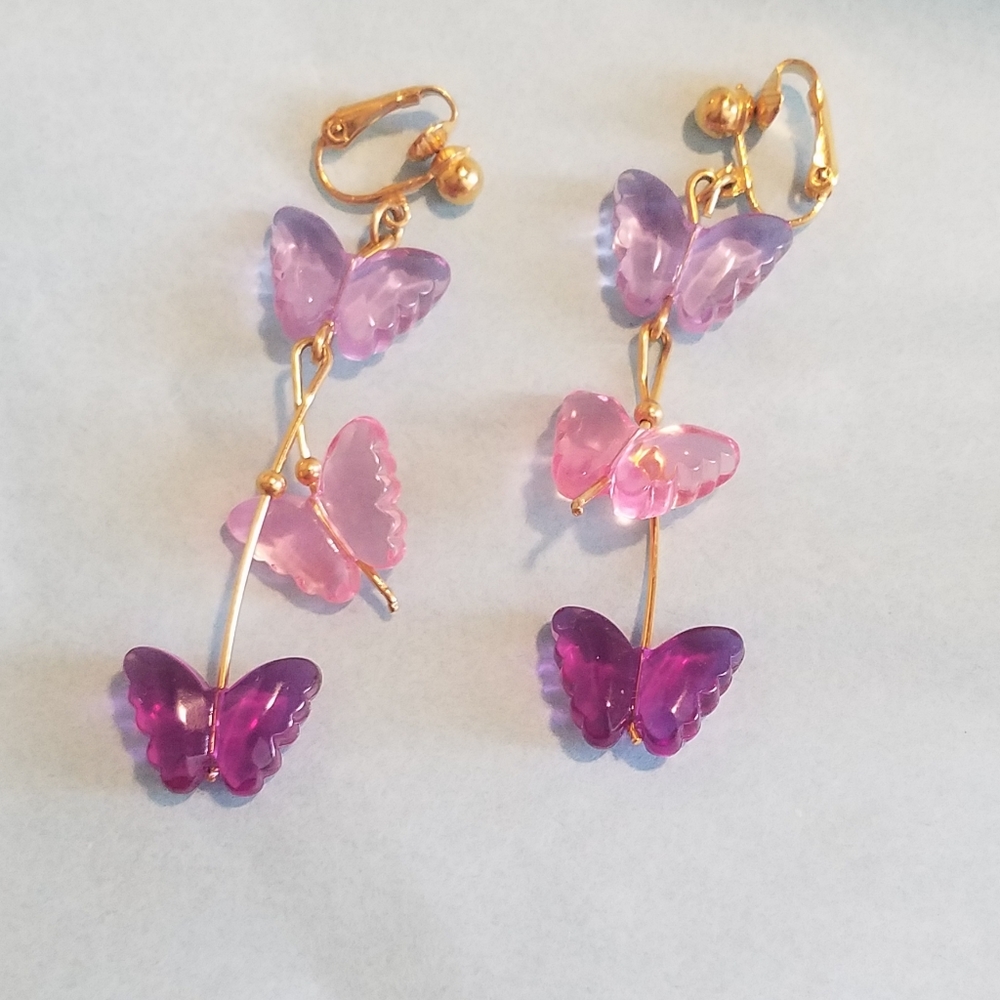 Triple Butterfly Gold Toned Dangle Clip Earrings